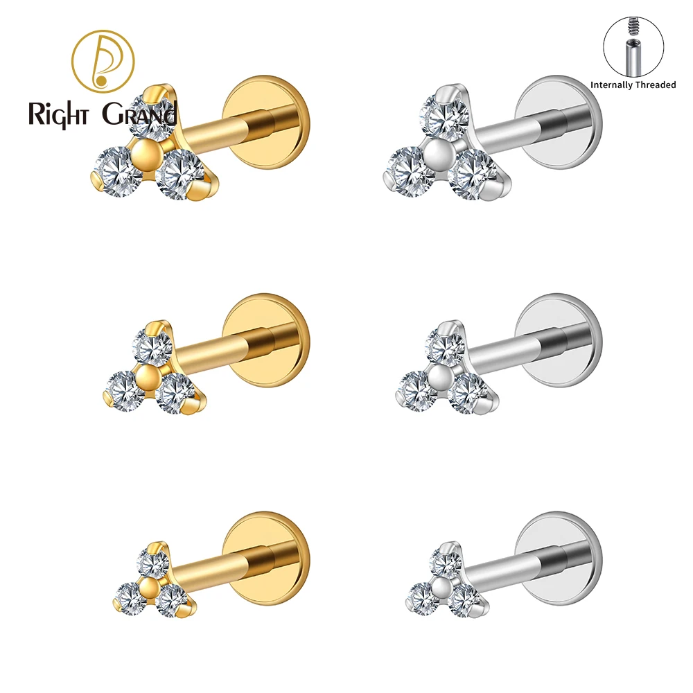 Right Grand ASTM F136 Titanium Tiny Trinity CZ Labret Stud 16G 2.5/3.5/4.5mm Triple CZ Flower Cartilage Earring Helix Tragus Stud Nose Lip Medusa Earlobe Piercing Jewelry