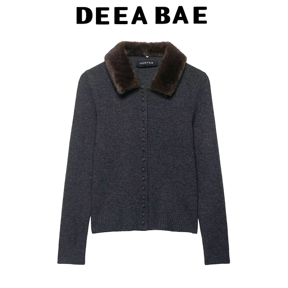 

DEEABAE Women's Autumn 2025 New European American Fashion Artificial Fur Effect Flip-over Knitted Jacket