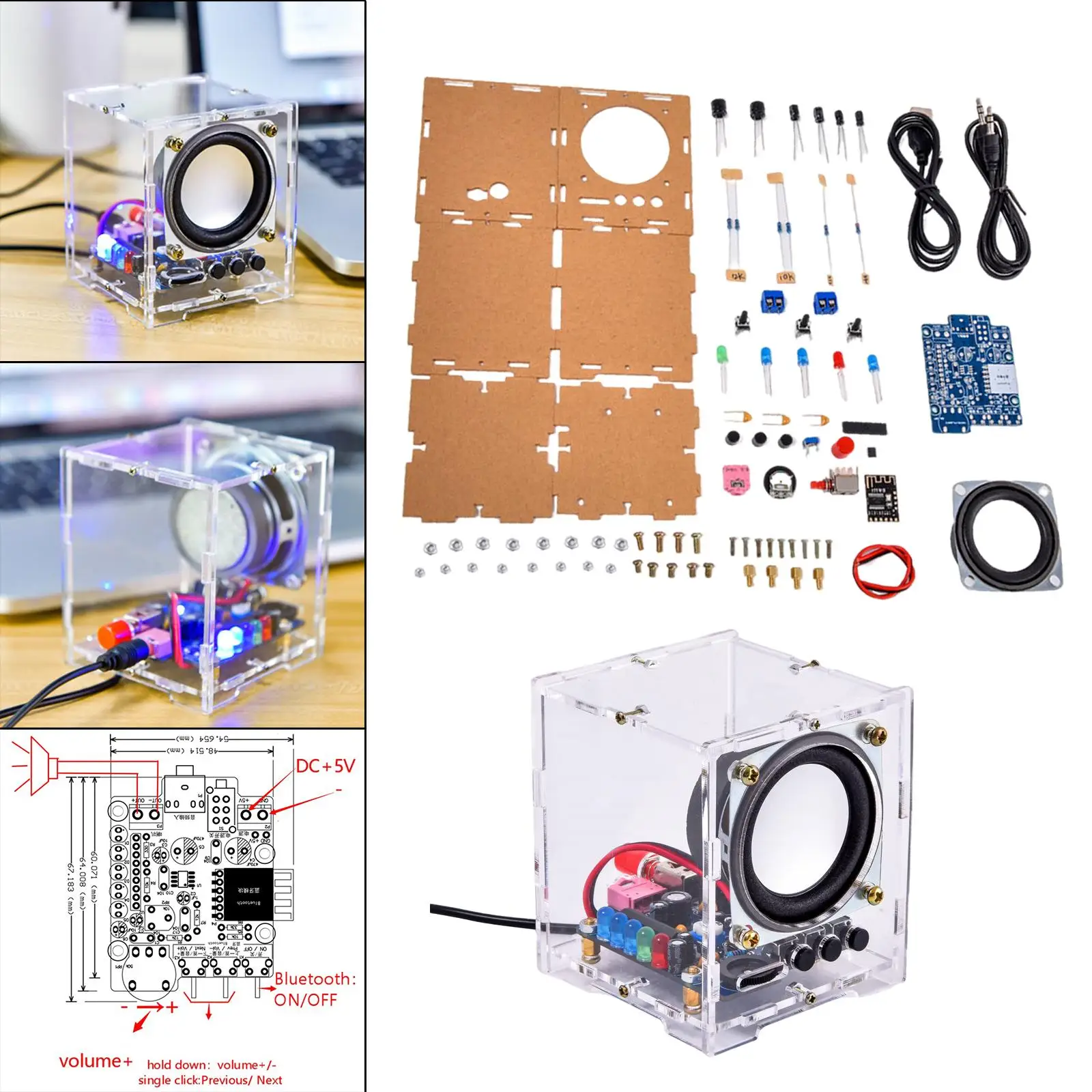 HU-009 Bluetooth Speaker Mini Spaker Unit Audio Production Kit DIY Wireless & Wired with LED Flashing Transparent Shell
