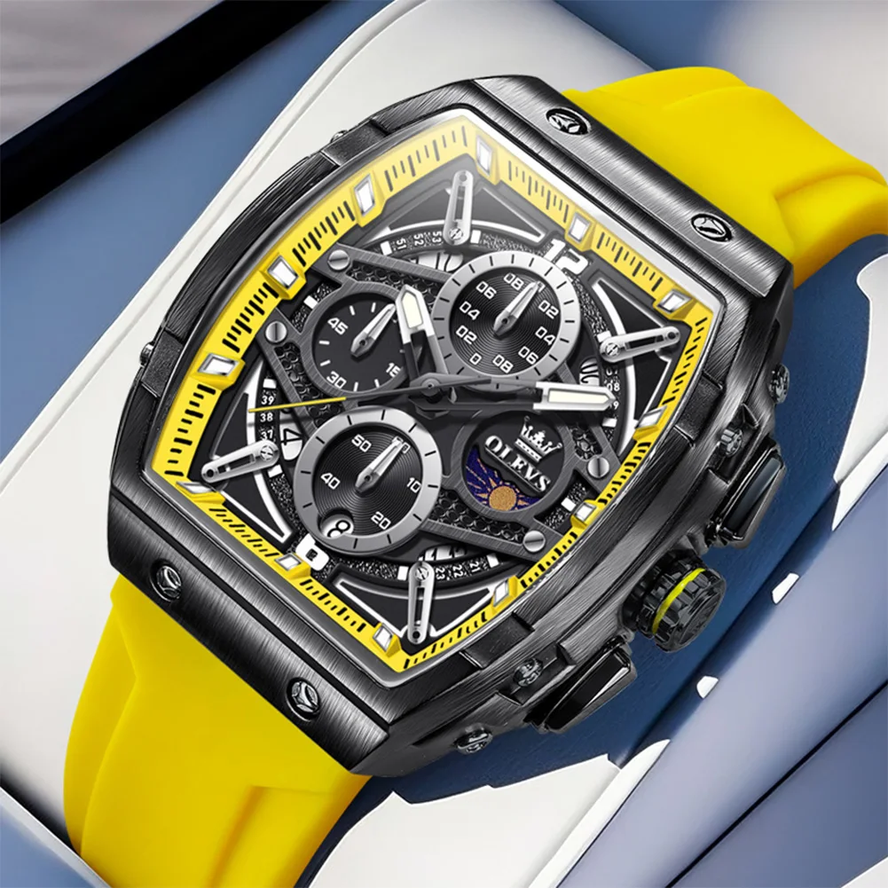 

OLEVS Chronograph Black Steel Dial Sports Men Watch Waterproof Calendar Moon Phase Quartz Men's Watches Yellow Silicone Strap