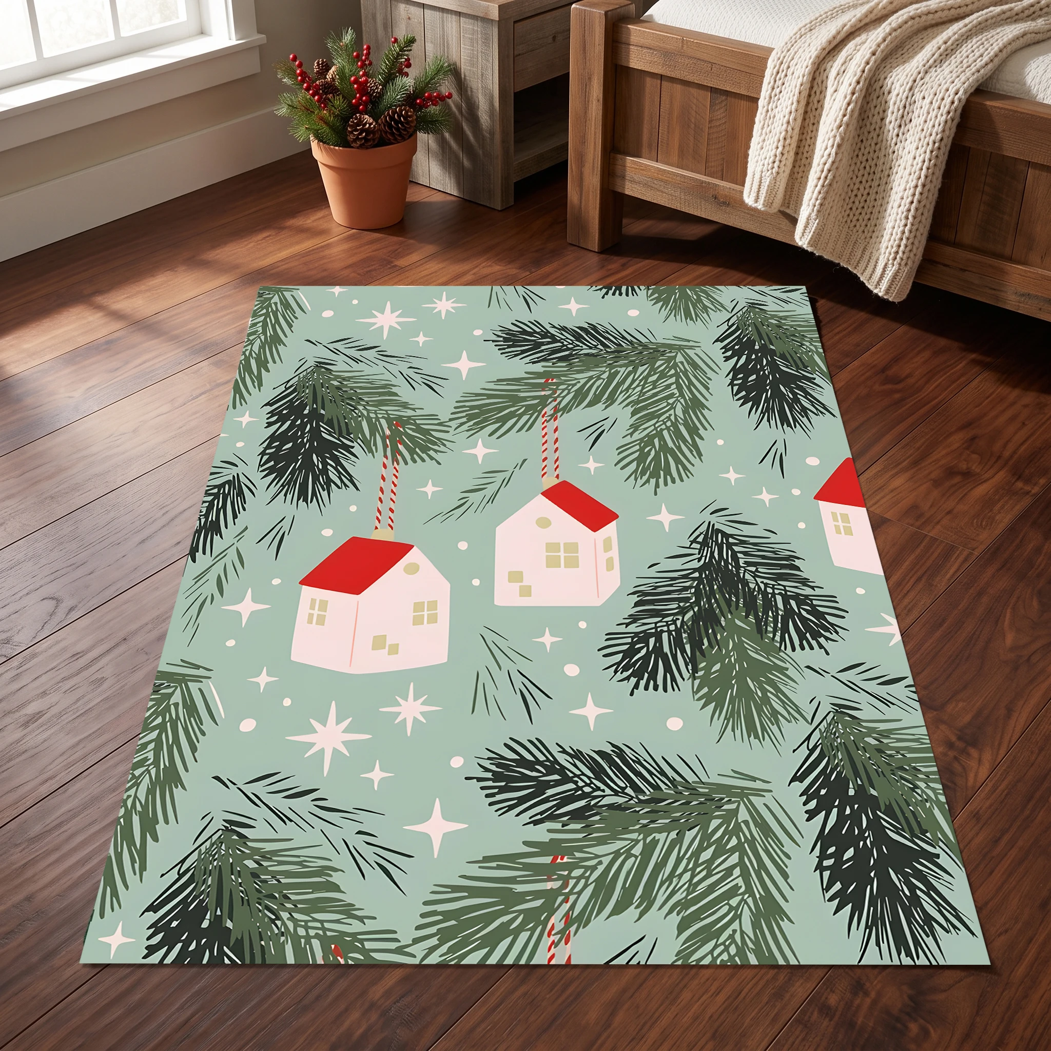 Velvet Rug Pine Branch Starburst Christmas Cottage Print Fresh Nordic Style for Bedroom Entryway Living Room Home Decor
