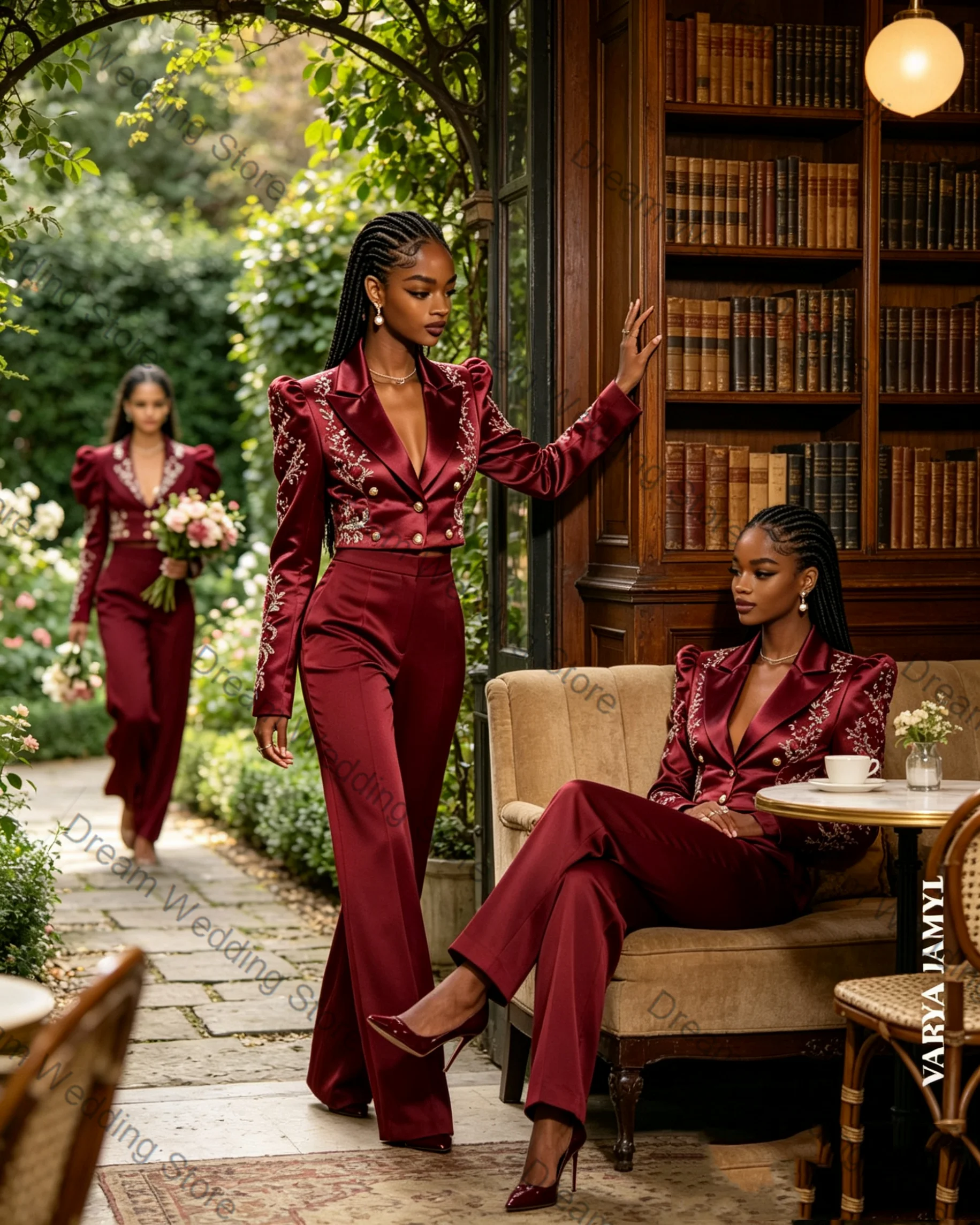 Burgundy Satin Women Suit Set 2 Pcs Blazer+Pants Trousers Appliqued Formal Office Lady Jacket Customized Wedding Guest Coat