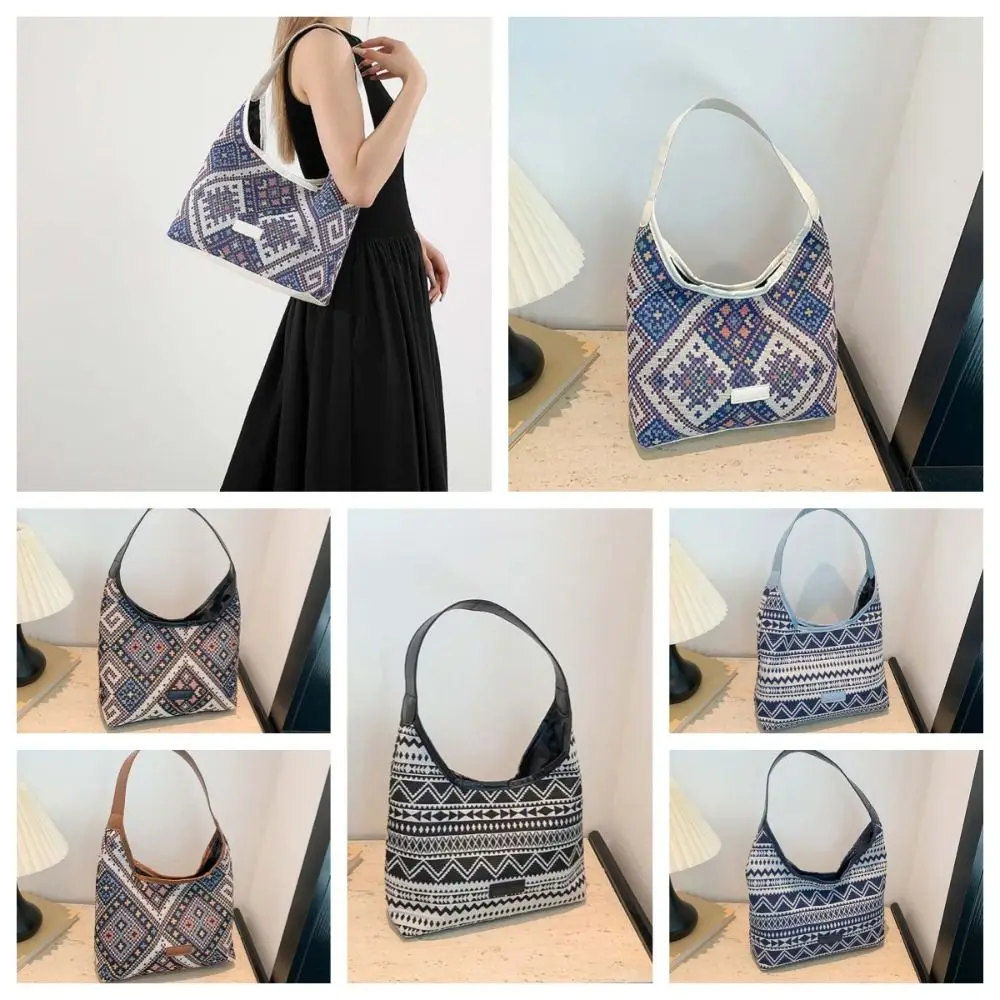 

Fashion PU Ethnic Style Shoulder Bag Retro Polyester Canvas Tote Bag Large Capacity Storage Pouch Embroidery Handbag Travel