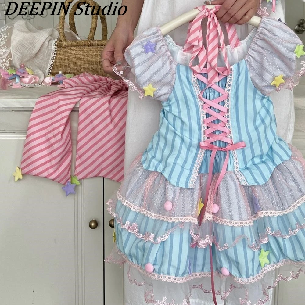 Children Girl Lolita Dress 2024  NEW Star Sweet Bubble Sleeves Girls Princess Dresses Stripe Pageant Party Costumes for Kids