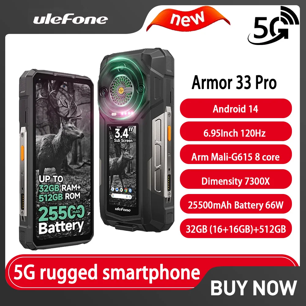 Ulefone Armor 33 Pro 5G Прочный телефон Android 14 Двойной экран 6,95 дюйма 120 Гц 32 ГБ + 512 ГБ 25500 мАч 66 Вт 64 МП Смартфон ночного видения NFC