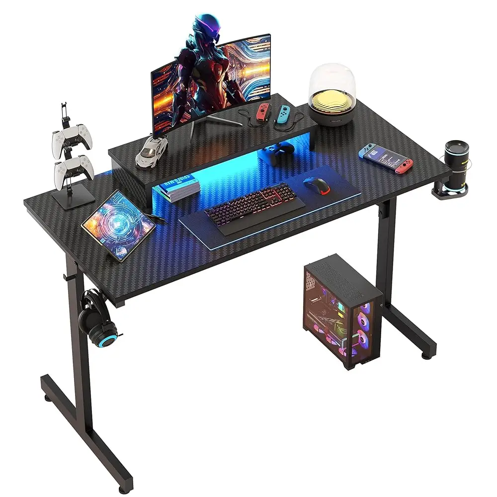 

42 H Gaming Desk With Led Lights, Small Computer Gaming Table With Monitor Shelf, Gamer Desk With Headphone Hook, Kids Boys