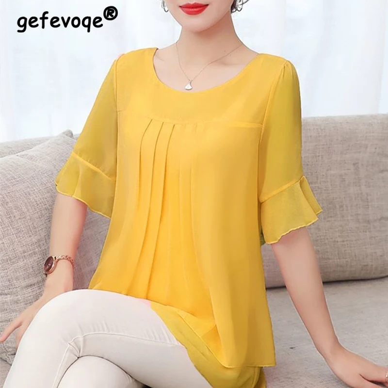 NOVEDAD DE VERANO 2020, camisa elegante de Color sólido a la moda para mujer, Top informal holgado de gasa de manga corta, ropa elegante estética