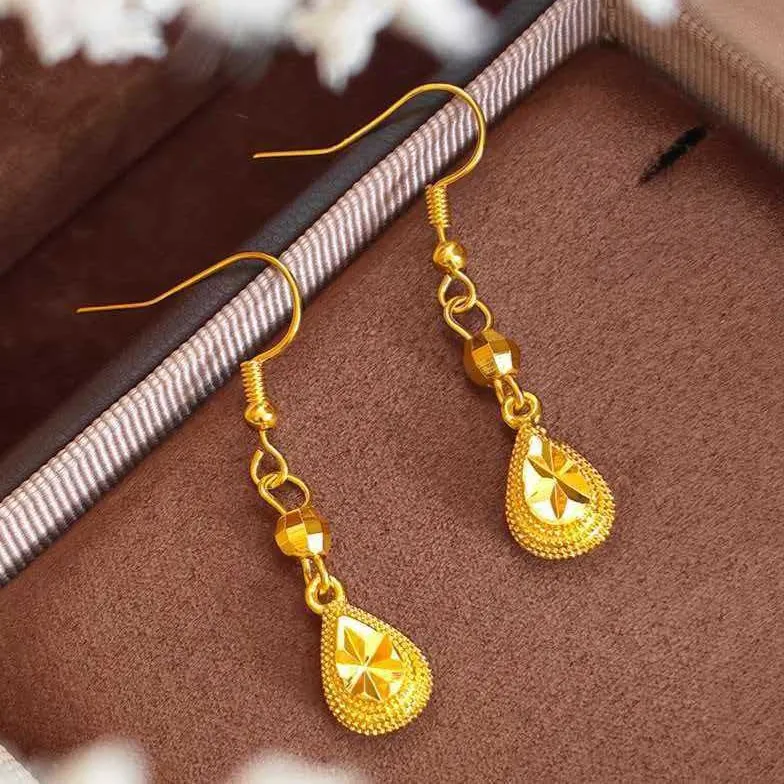 High-Purity Women Gold Earrings 24K Gold AU999 dense solid gold with smooth water drop carving