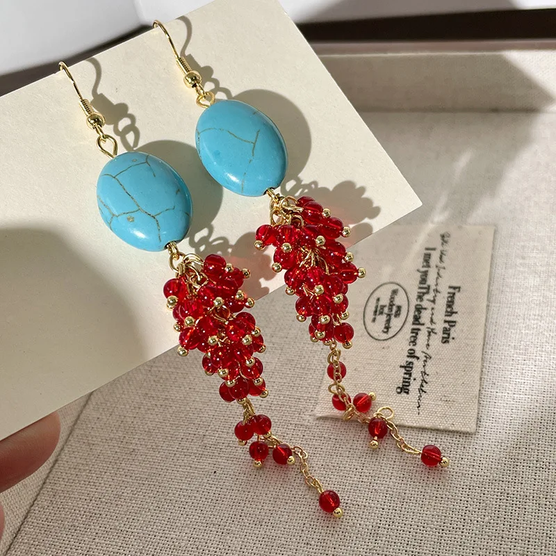 Garnet red beaded earrings, oval blue turquoise red grape long fringed earrings, medieval earrings, square round face women