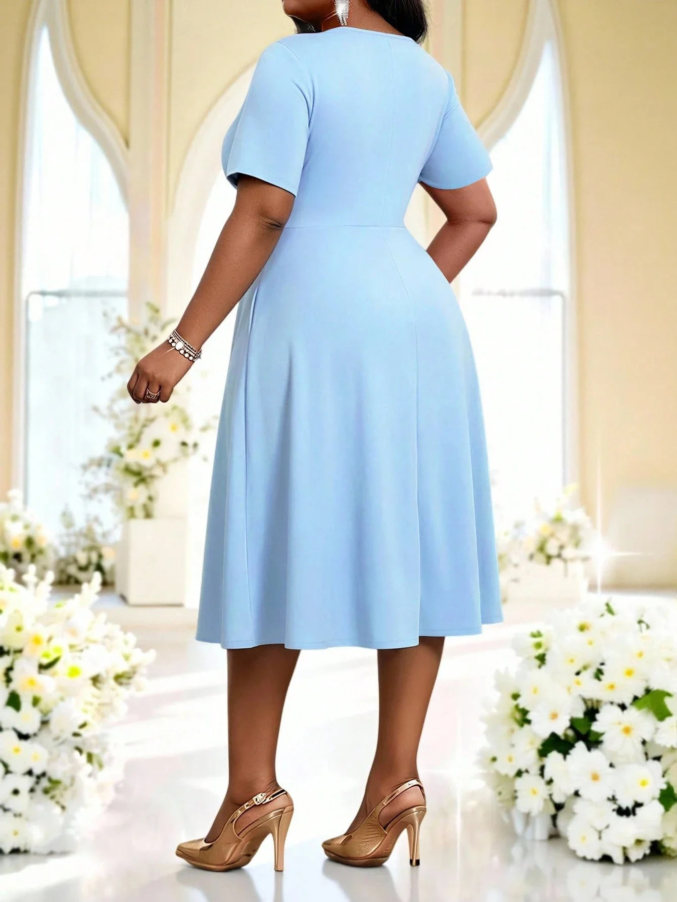 Elegante Vestido Midi de Color Sólido para Invitadas de Boda o Graduación, Talla Grande