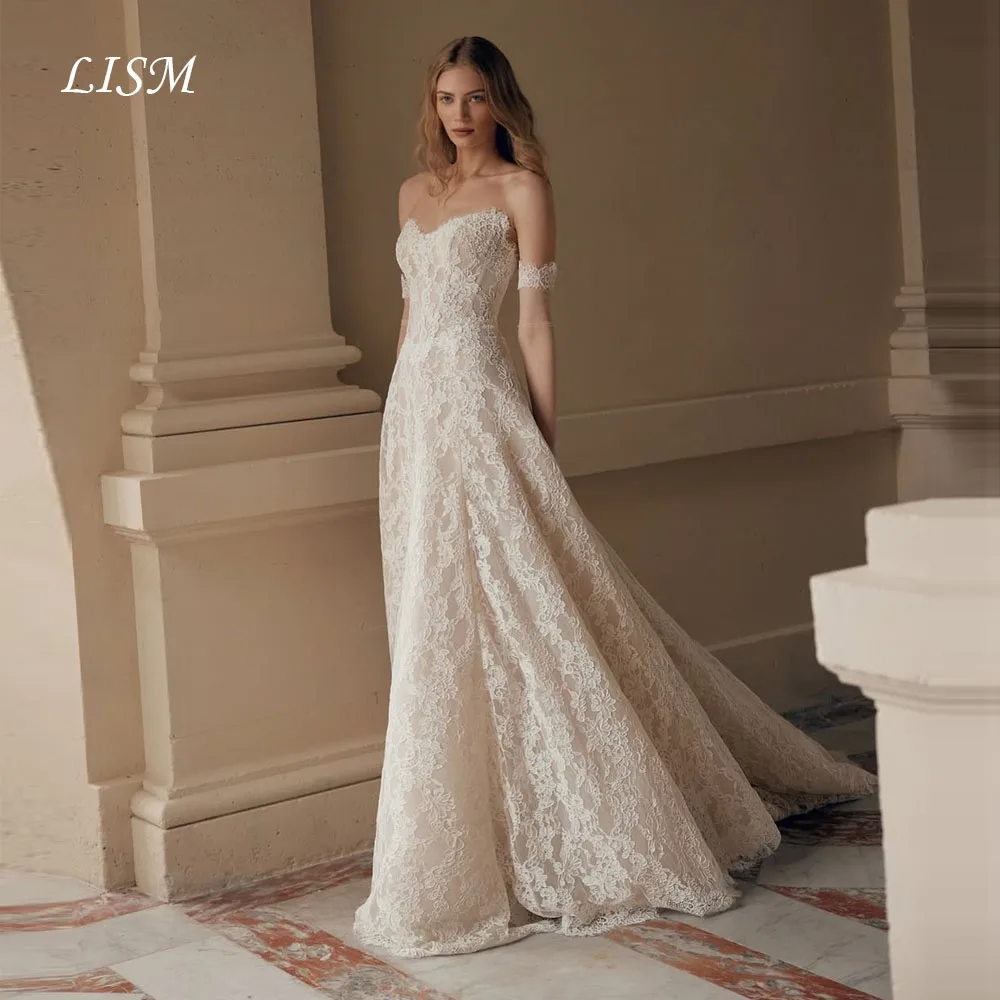 LISM فساتين زفاف فاخرة على شكل قلب على شكل حرف a بأكمام طويلة من الدانتيل الحريري أنيقة طويلة زي العرائس مخصص رداء السهرة #2