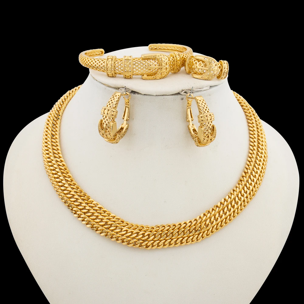 

Dubai Gold Color Jewelry Set for Party Luxury Choker Necklace and Hoop Earrings Opening Bangle Ring Set for Engagement Nigerian