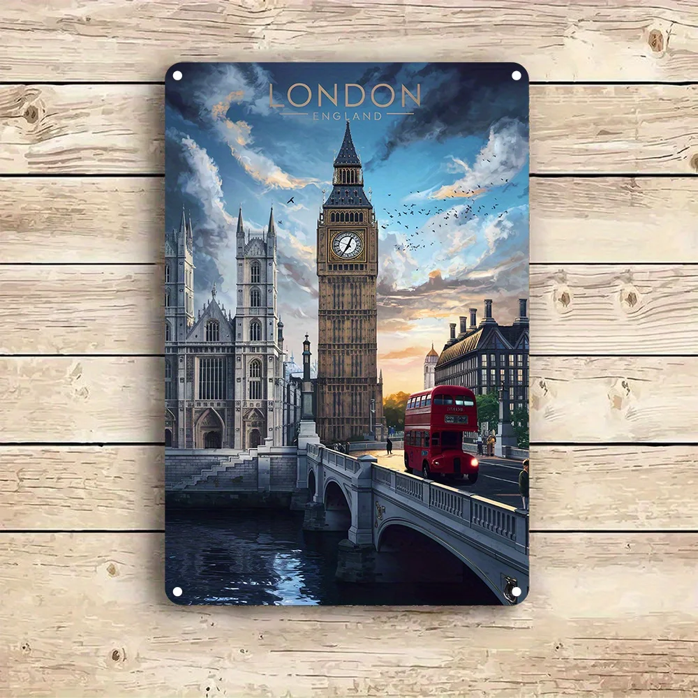 London England Tin Wall Art Sign – Vintage Style  Decor with Iconic Big Ben & Red Bus Design, , Easy to Install, Perfect for Ho