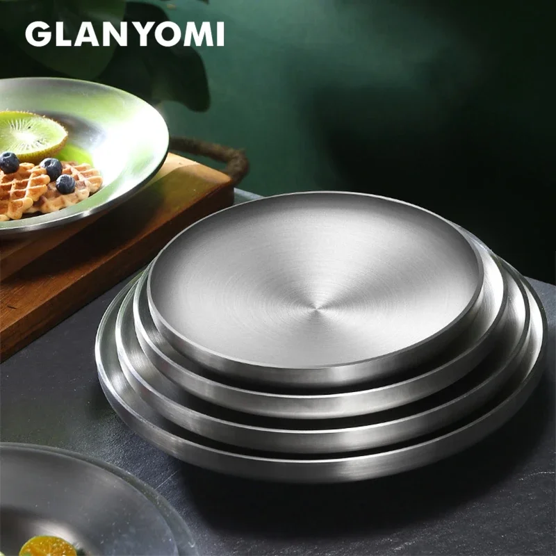 304 Stainless Steel Round Plate, Double-Walled Insulated Dinner Plate, Plates for Snack, Dishes and Fruit