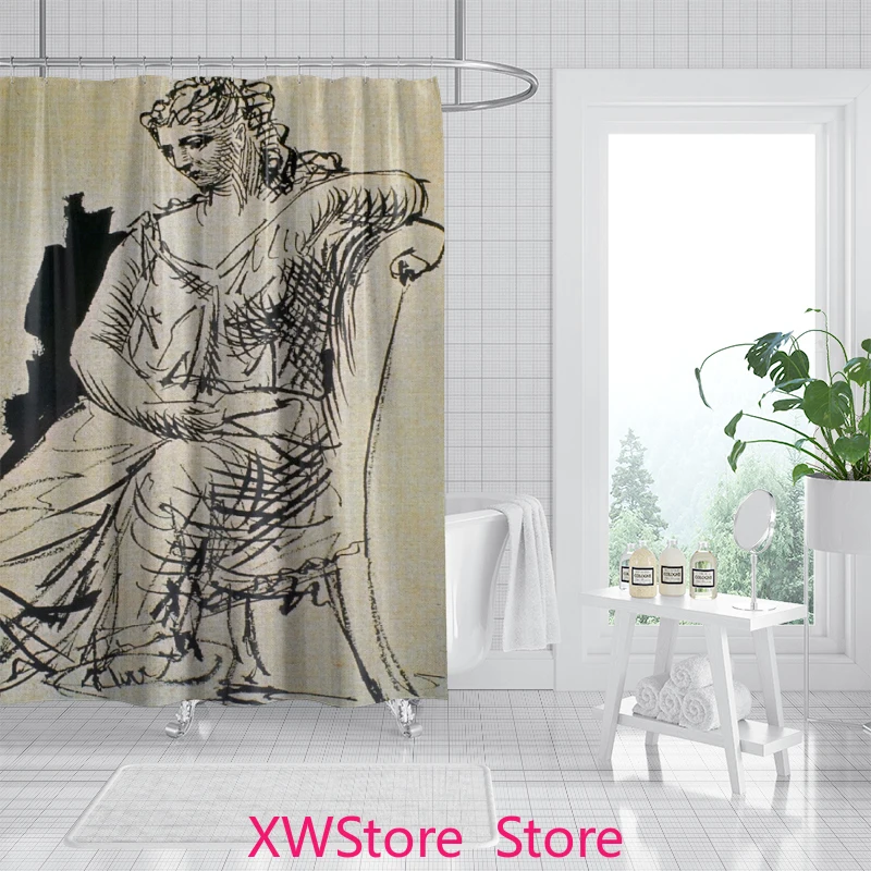 

Bath Curtain Waterproof and Mildew Proof Women's Artistic Sketches Portraits Thickened and Mildew Proof