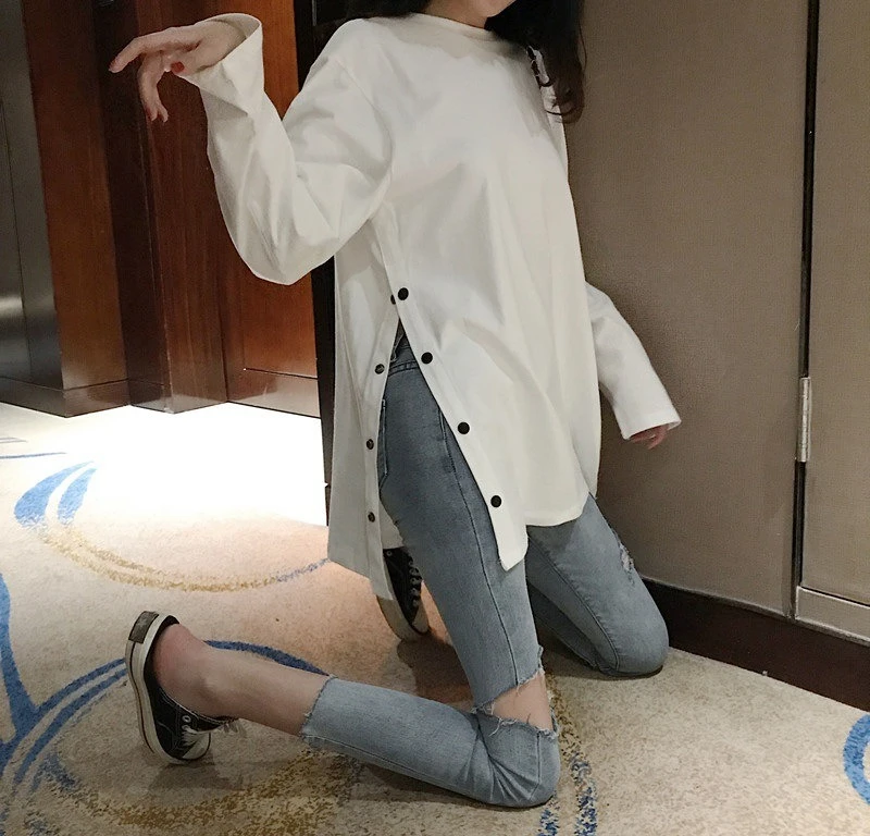 

Medium To Long Solid Color Long Sleeved T-shirt for Women Loose Slit Bottom Shirt Autumn and Winter Women's Clothing