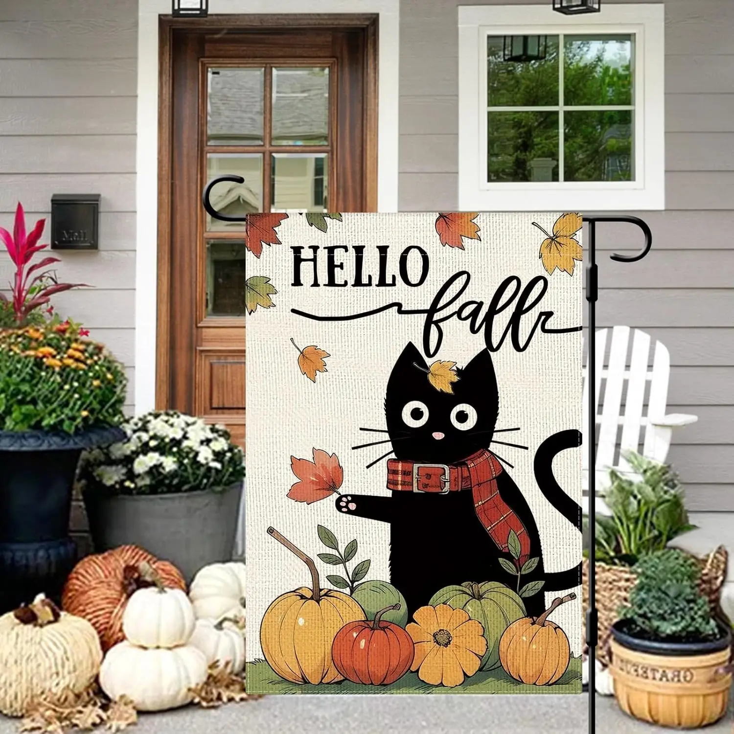 DLZDN Hello Fall Cat Garden Flag Autumn Black Cat Pumpkins Flag 12×18 Inch Double Sided Buffalo Plaid Farmhouse Yard Flag Thanks