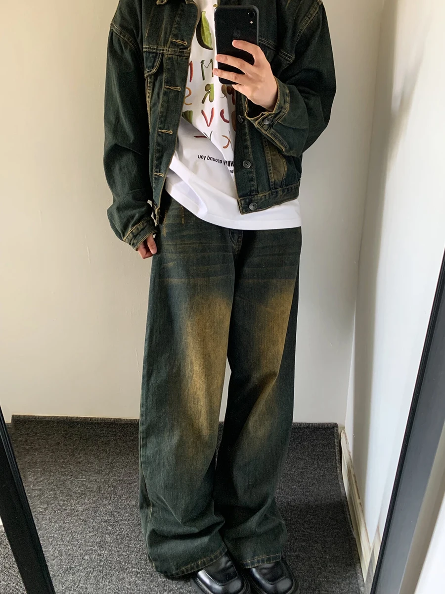 REDDACHiC 90s Retro Skater Men Baggy Jeans Green Wash Adjust-waist Casual Wide Leg Oversize Pants Y2k Trousers Plus Size Clothes