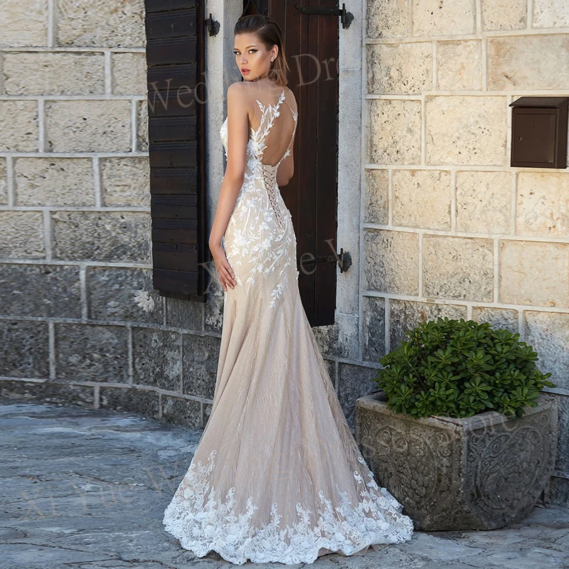 Elegant Charming Mermaid Graceful Wedding Dresses Sleeveless Lace Up Appliques Backless Bride Gowns Custom Made Robe De Mariee