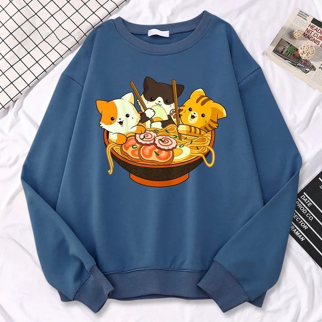 Prosta bluza Kawaii dla kobiet Anime koty jedzące japoński makaron Ramen bluzy z kapturem z nadrukami luźny ciepły sweter odzież z wycięciem pod szyją