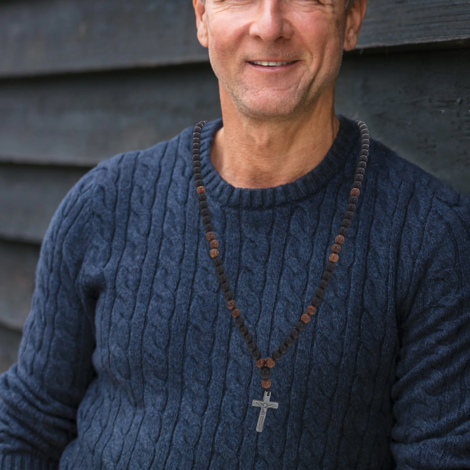 

Wood Bead Zinc Ferrite Pendant Long Chain Sweater Style Christian Jewelry for Men Women Wooden Crucifix Easter