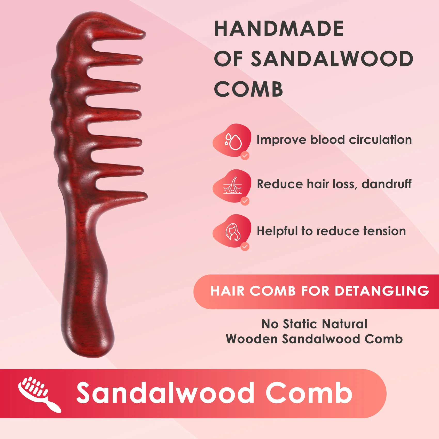 Haarkamm zum Entwirren-breiter Zahnholzkamm für lockiges Haar-kein statischer natürlicher Holz sandelholz kamm