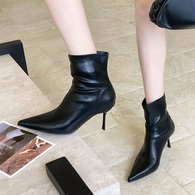

Модные эластичные женские ботильоны на каблуке, женские туфли без шнуровки, женские короткие современные ботинки с острым носком, женские туфли-лодочки