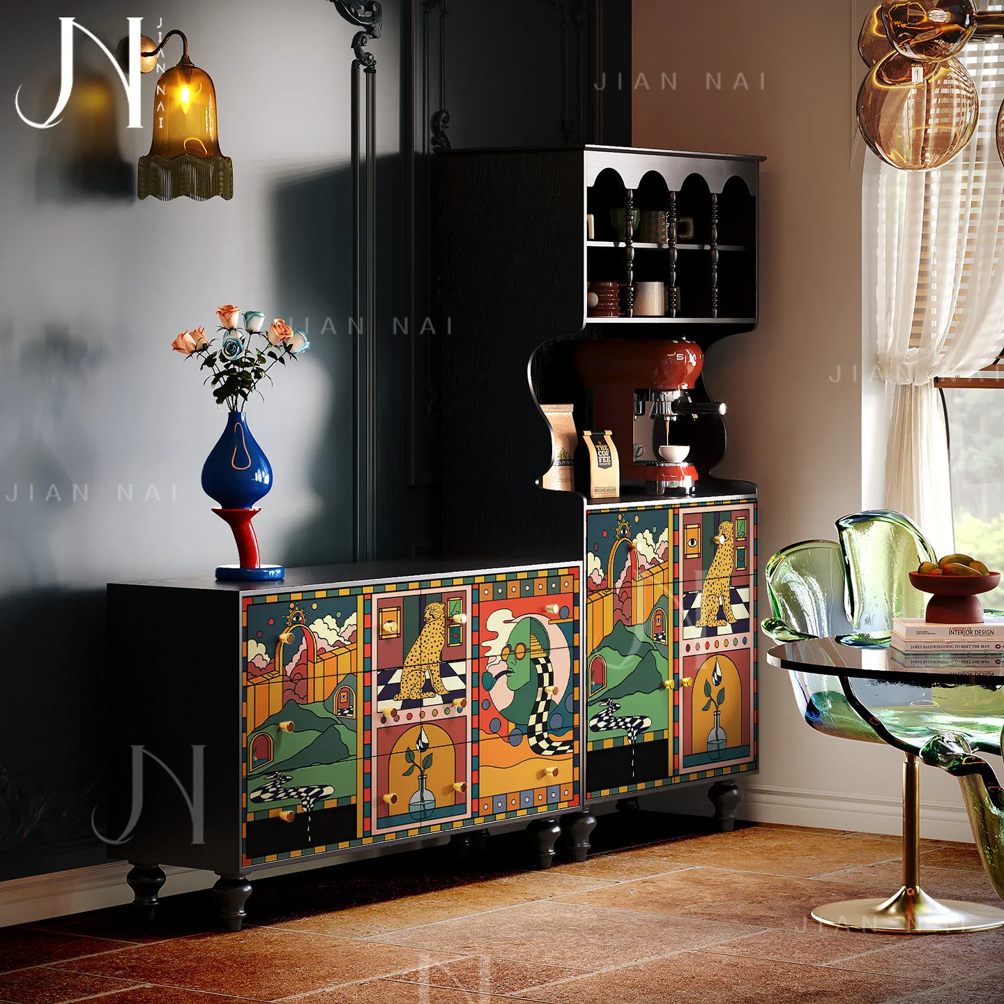 Cream Style Solid Wood Wine Cabinet Leopard Print Storage Sideboard Living Room Coffee Machine Cupboard Dining Room