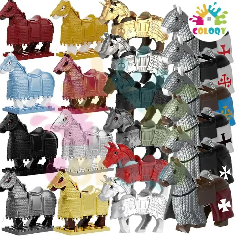 

11pcs Medieval Military Sets Cavalry Figures War Horse Animals Building Blocks Parts Knight Weapons Accessories Toys