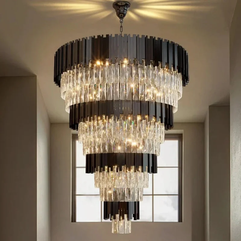 Luxury Gold Black Crystal Ceiling Chandeliers LivingRoom Loft Stairway Large Staircase Pendant Lamps Bedroom Decoration Lighting