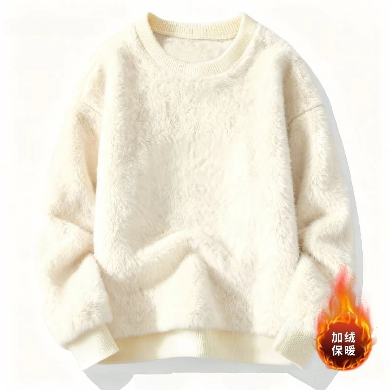 Men's Double-sided Fleece Pullover Sweatshirts Solid Fluffy Loose Oversized Casual Sweatshirt Thread O-neck Thickened Hoodie