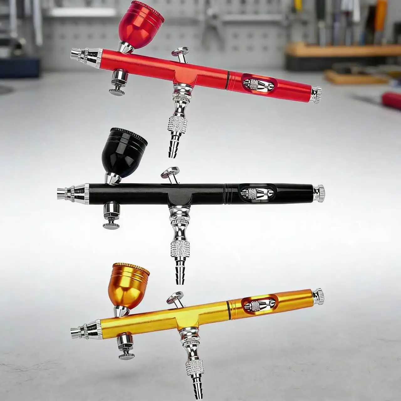 Airbrush Dual Action Gravity Feed 0.3mm Nozzle Adjustable Red/Gold / Cake Decorating Brushes For Nail Manicure With Wrench Straw