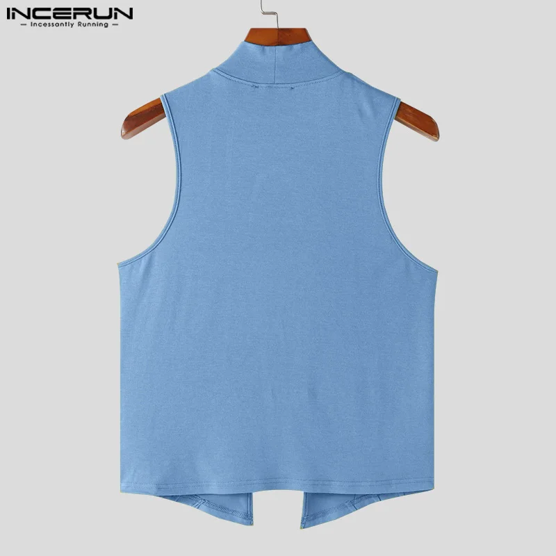 INCERUN Men Tank Tops Solid Turtleneck Sleeveless Hollow Out Irregular Vests Summer Streetwear 2024 Fashion Casual Men Clothing