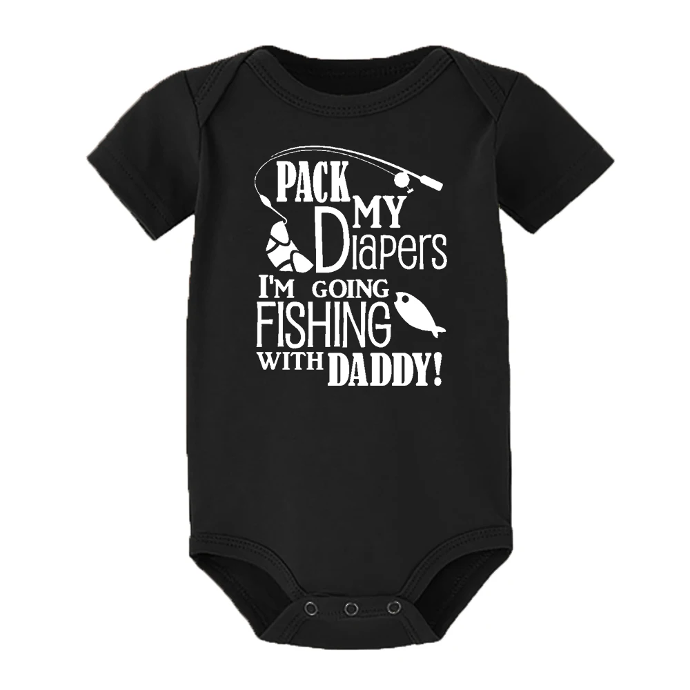 Funny Baby Romper Unisex Short Sleeve Newborn Pack My Diapers I Am Going Fishing with Daddy Print Baby Clothes Infant Jumpsuits