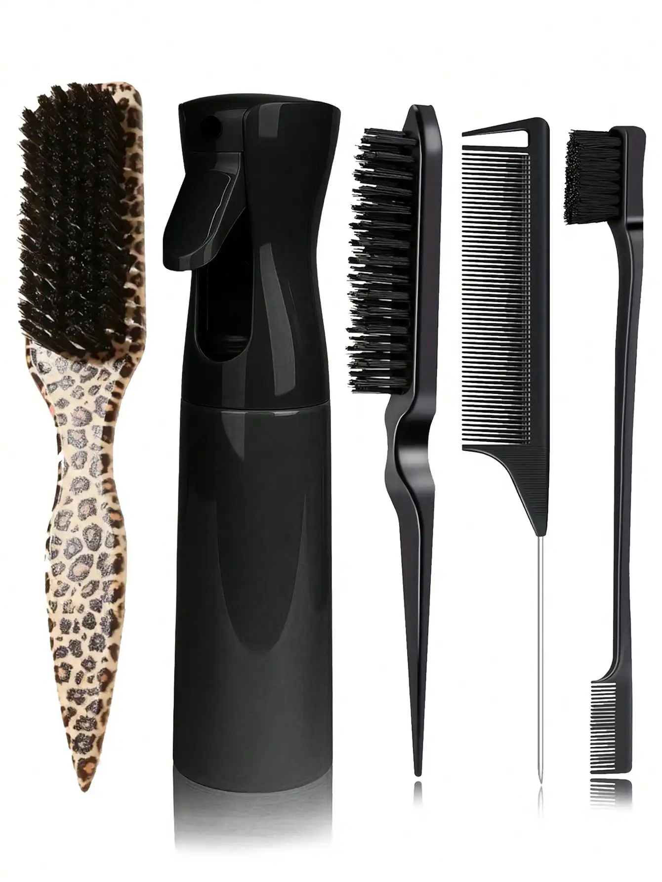 5pcs Leopard Print Tail Comb & Brush Set, Made Of Soft Bristles And ABS Material, Can Smoothen Hair, Suitable For Home And Salon Hair Care And Styling, Travel, Detangling sh260325162998754585042