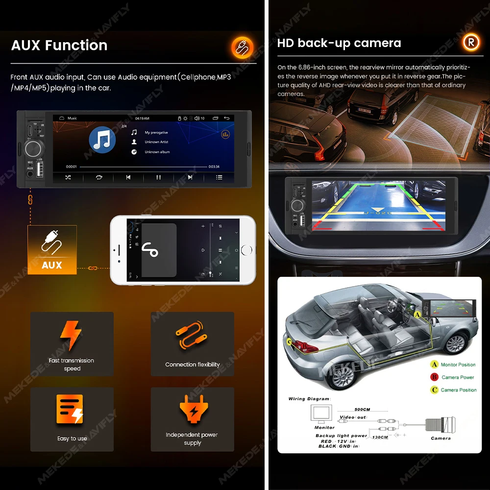 Universal 1 Din Car Stereo 6.86Inch HD Touch Screen Car Multimedia Player Wireless CarPlay Auto BT FM USB Car Radio Audio Player