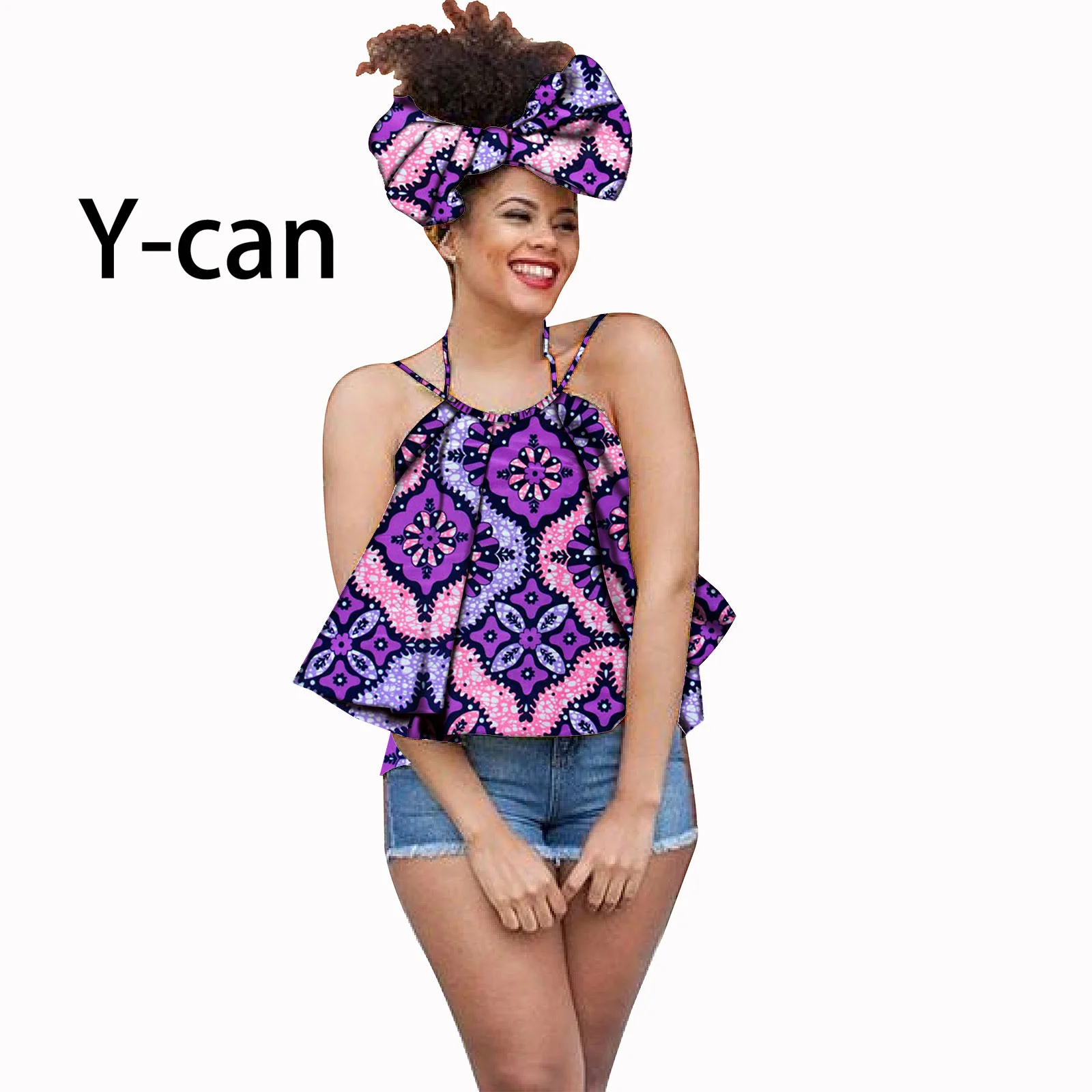 

Sexy Camis Summer Hot Girl African Clothes Dashiki Women Traditional Ankara Print Top Match Turban Headwrap Outfits Set S1924010