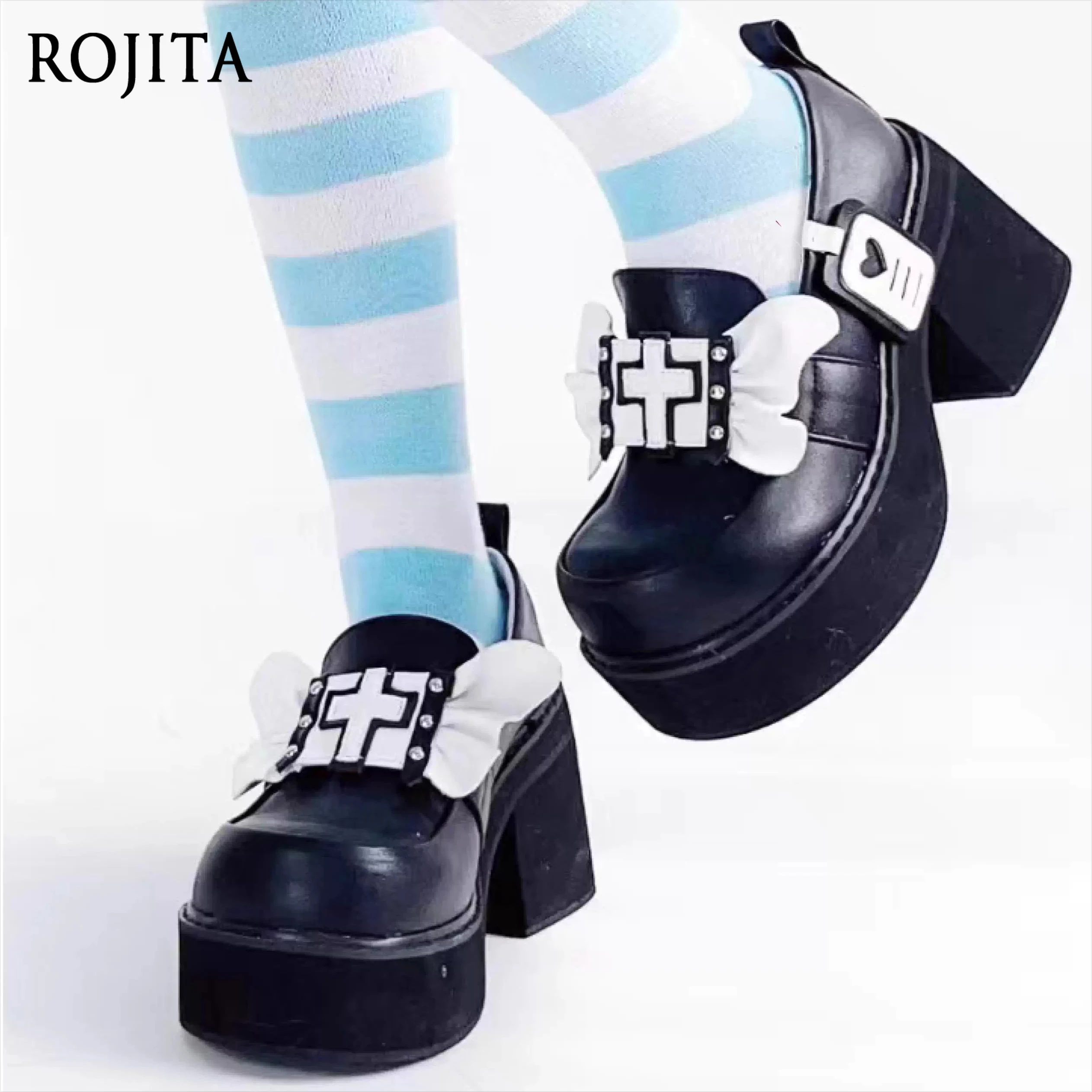 

Wing Therapy Angel Heart Pocket Cat Lolita Original Punk Sweet Bow Cross Туфли на толстой подошве с круглым носком и неглубоким ртом Черные туфли на плоской подошве