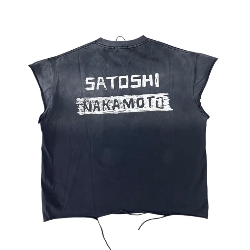 Satoshi Nakamoto High Street Retro Inkjet Tank Top Personalized Stacked Piercing T-shirt Washed Black Letter Printed Tank Top