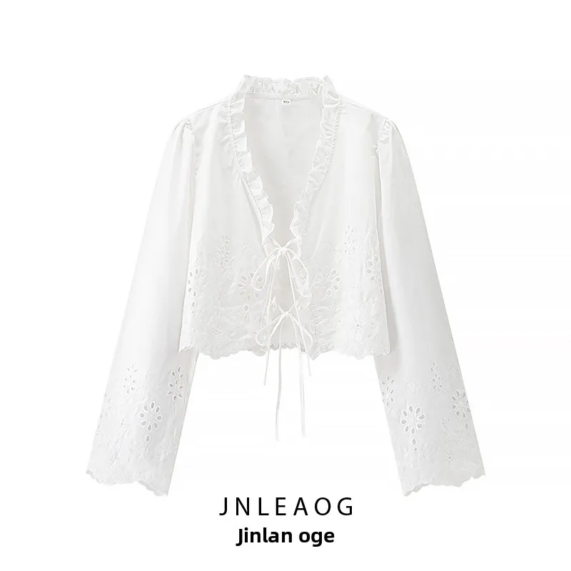 

JNLEAOG Осенняя новинка: женская блузка с бантом, длинным рукавом, V-образным вырезом, узлом, из дышащего полиэстера, приталенная, модная