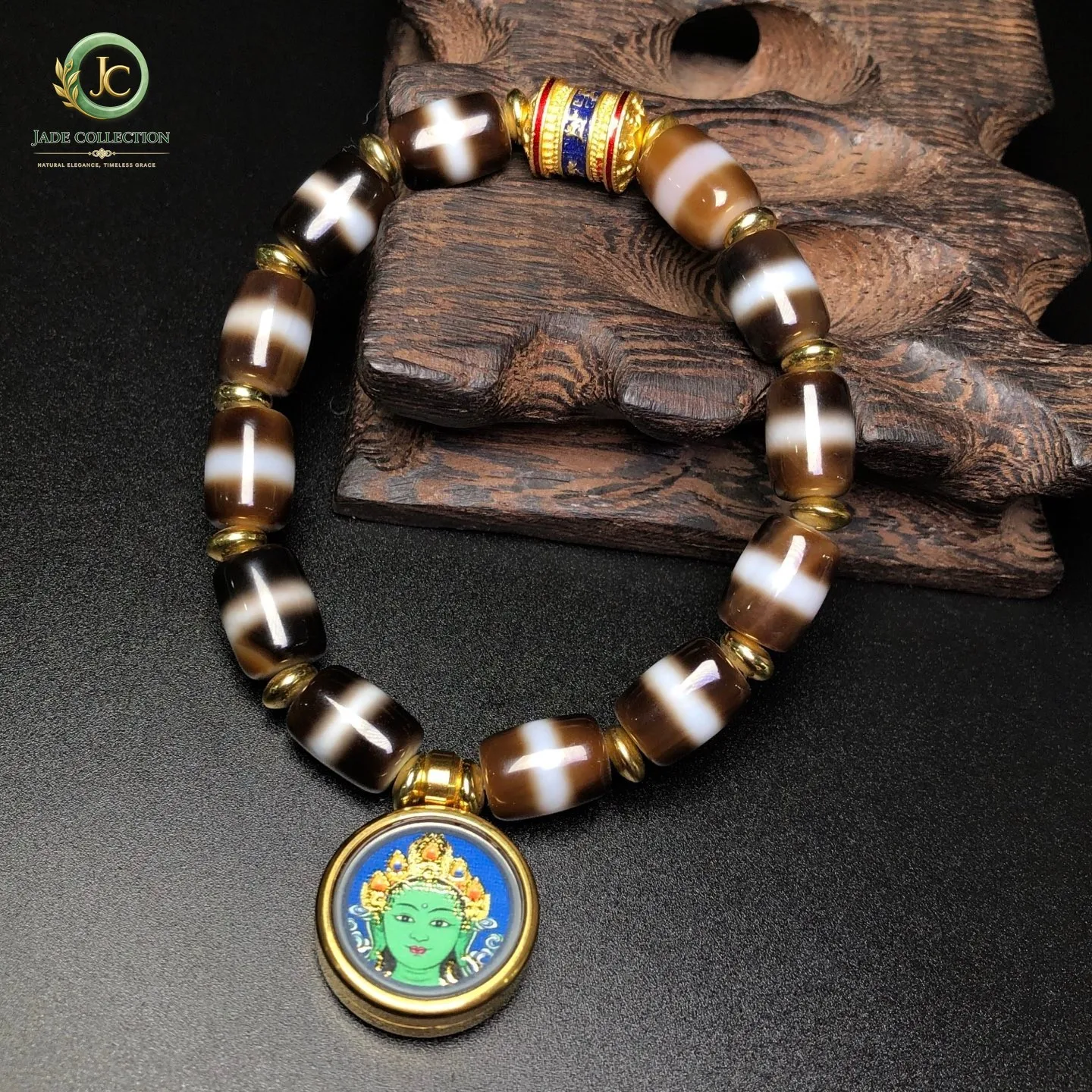 Tibetan Buddhism Agate 1 Stripe Healer Medicine Dzi Beads Amulet Bracelet G3768