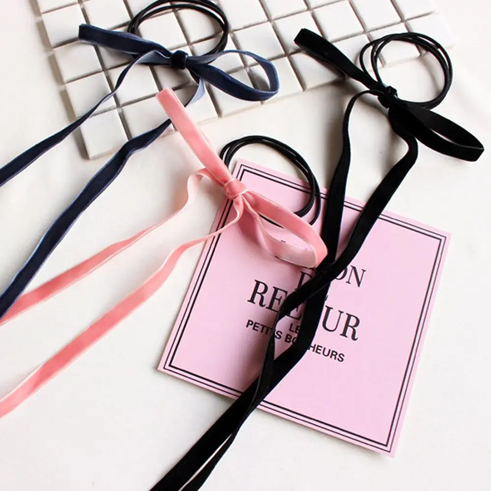 Velvet Cheer Bow Long Tassel Hair Ring Knotted Cheer Bow Women Ponytail Hair Ties Solid Color Rubber Band Hair Accessories