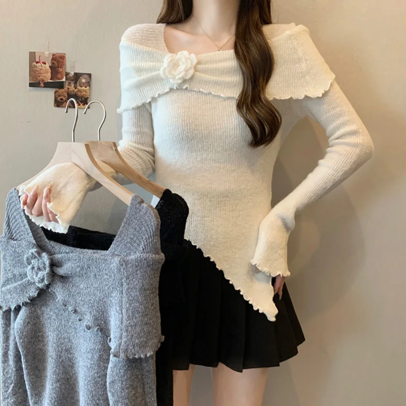 Spring  Autumn French Temperament Flower Off Shoulder Knitted Sweater Women Irregular Solid Slim Flared Sleeve Lady Tops 31082