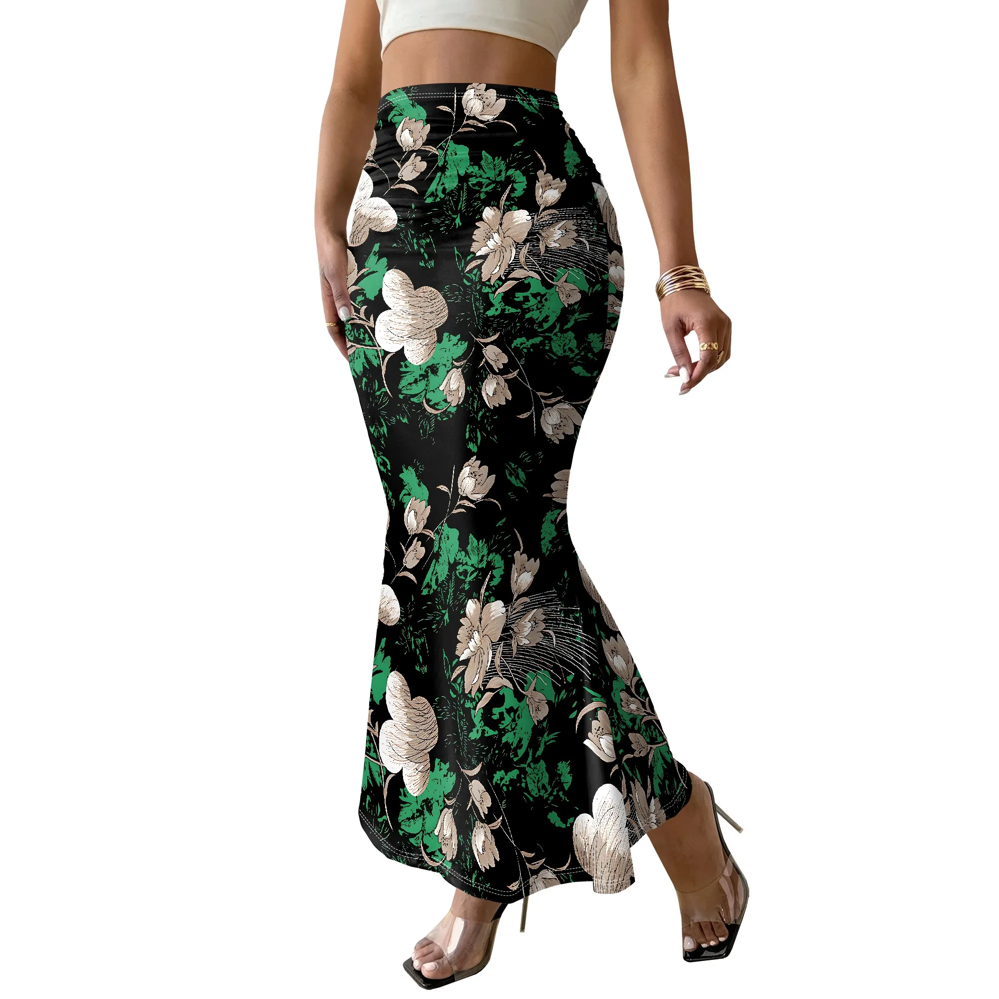 Floral Mermaid Skirt, Green Print Maxi, Elegant Ruffle Hem, Party Evening Wear, S-2XL