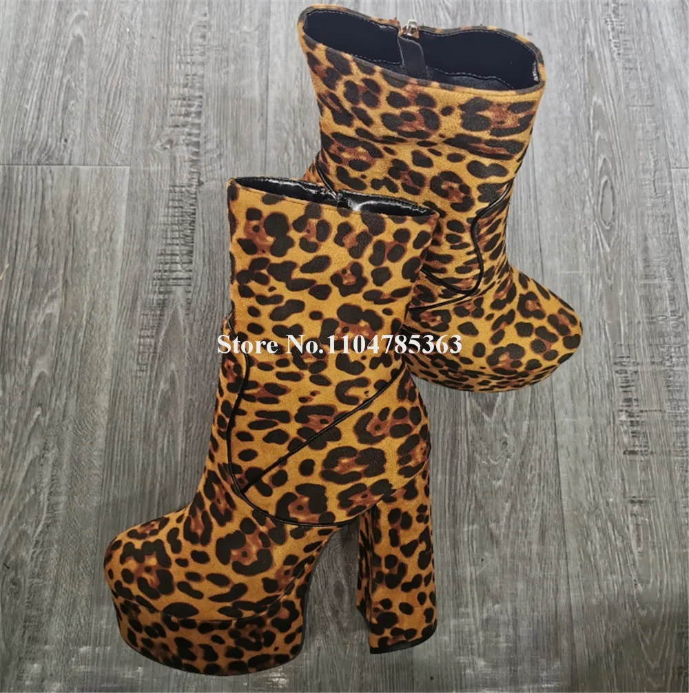

Sexy Leopard Printed Block Heel Short Boots Round Toe Suede High Platform Chunky Heel Ankle Booties Super High Heels