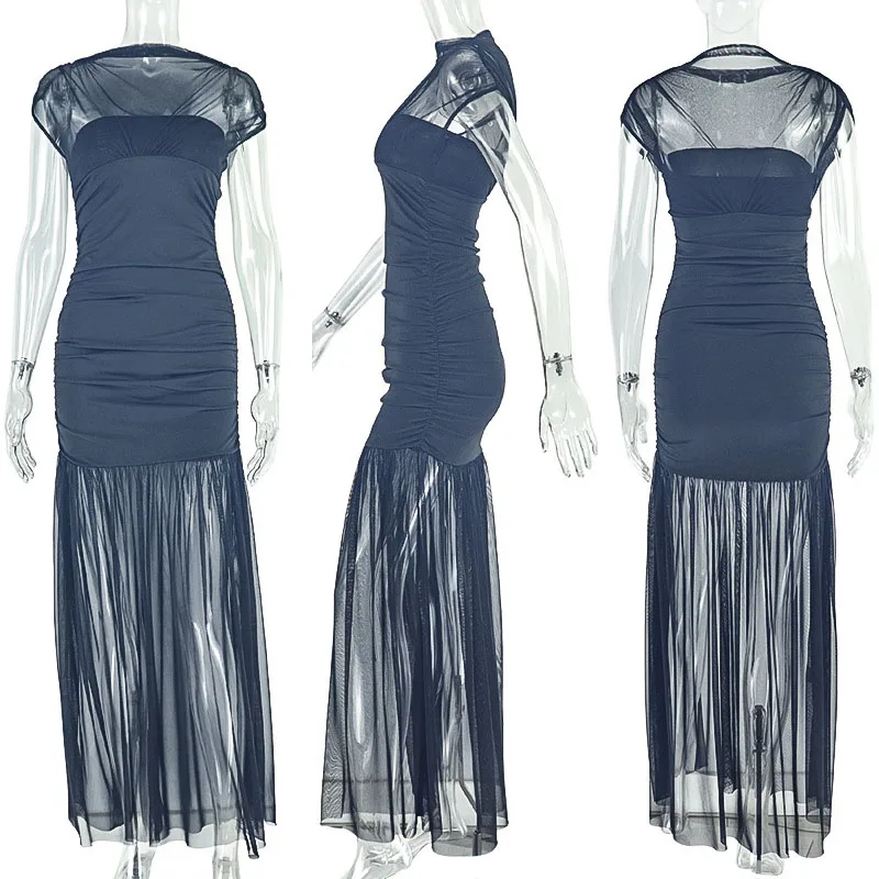 Abito lungo aderente con volant increspato patchwork trasparente sexy da donna anche discoteca celebrità senza maniche o-collo tubino abito da ballo di fine anno