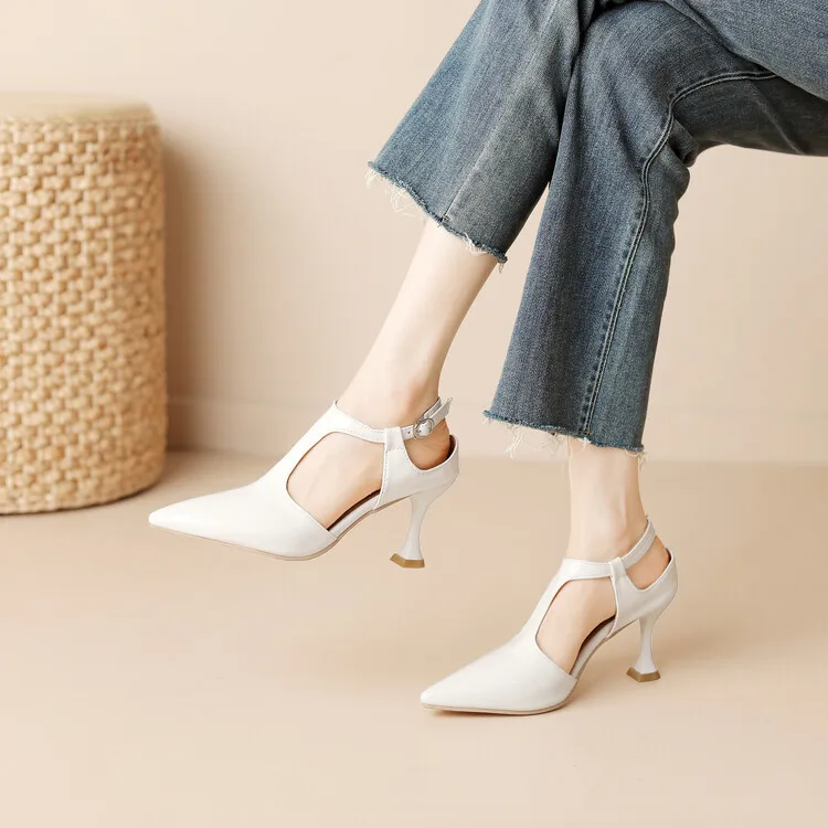 Sandals White Pointed Toe Slingback Pumps Cutout Ankle Strap Women's Elegant Shoes
