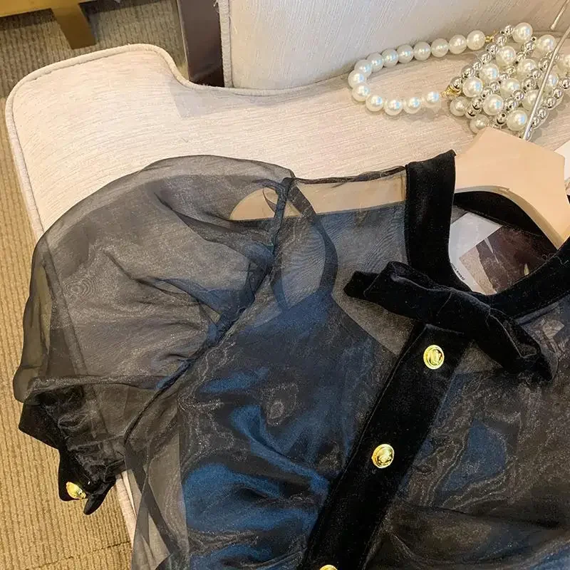 Eugenia Krótka Koszula Pure Desire Damska Letnia Niszowa Francuska Elegancja Dwuczęściowy Top na Ramiączkach Przezroczysty Seksowny Top typu Camisole