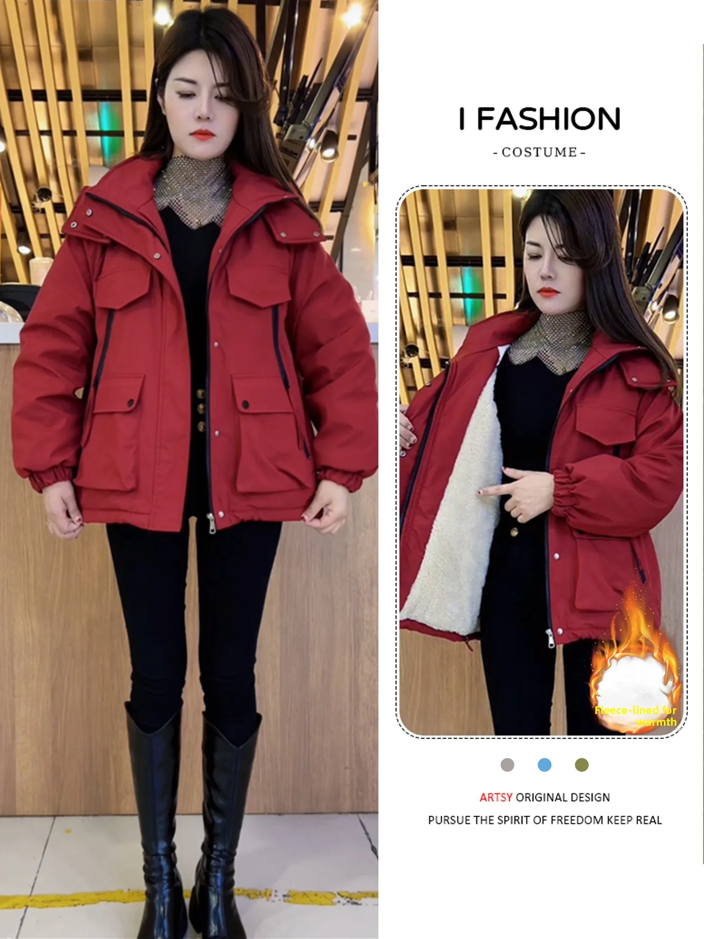 

Trendy owy Thiened Fce Winter Jaet Women's Faionable Commute Korean Sle Loose Fit Zipper Closure Color