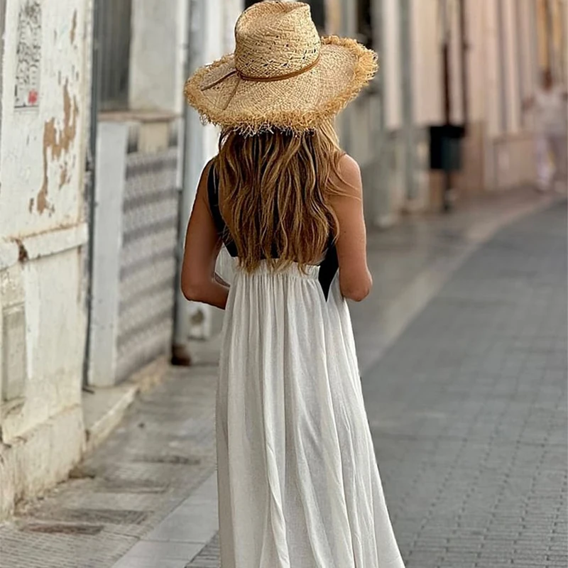 

Summer Women's New Fashion Pure Color Hanging Neck Strapless Cotton Linen Dress Sleeveless Simple Design Maxi Dress